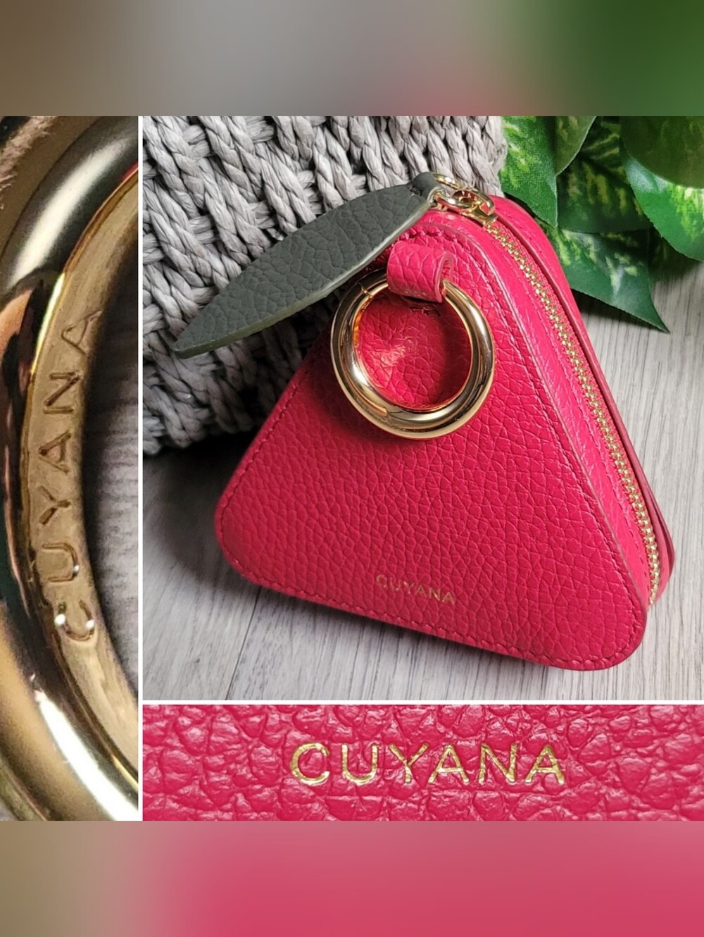 Cuyana Triangle Fruit Pouch Italian Leather Rare Raspberry & Gold Hinge, 4" x 4"